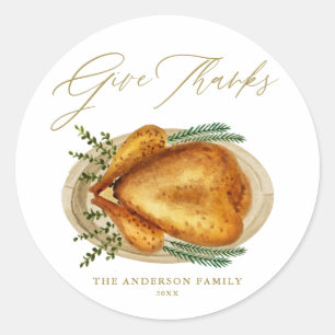 Watercolor Roasted Turkey Thanksgiving Thank You Classic Round Sticker