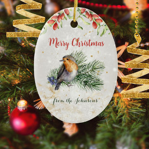 Watercolor Robin Bird Photo Christmas Keepsake Ceramic Tree Decoration