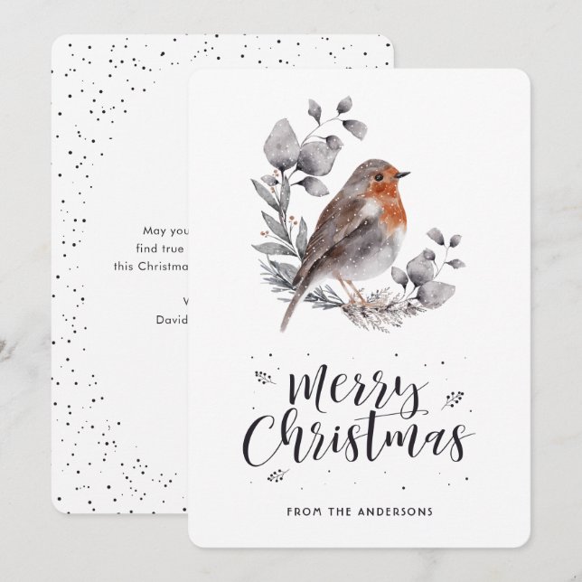 Watercolor Robin Bird Wreath Merry Christmas Card (Front/Back)