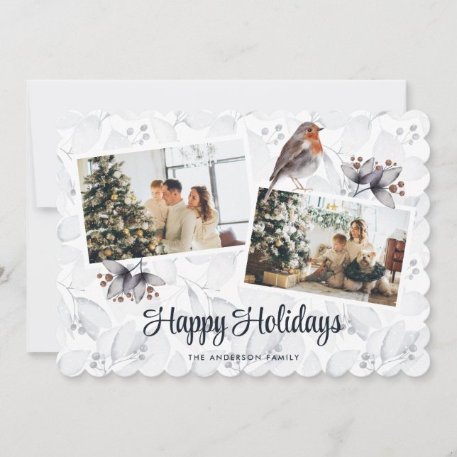 Watercolor Robin Botanical Photo Holiday Card (Front)