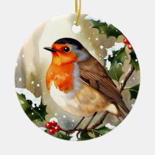 Watercolor Robin Christmas Ceramic Tree Decoration