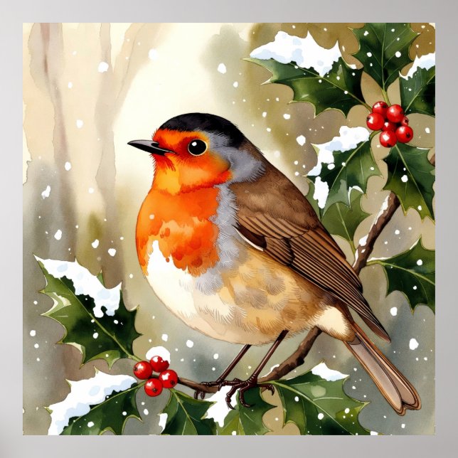 Watercolor Robin Christmas Design Poster (Front)