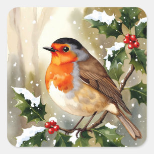 Watercolor Robin Christmas Design Square Sticker