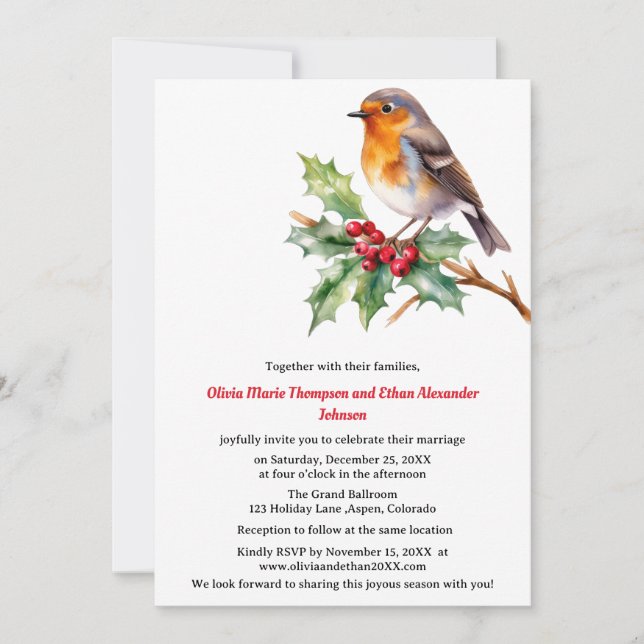 Watercolor Robin Christmas wedding invitation (Front)
