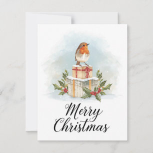 Watercolor Robin Gifts Holly Merry Christmas Holiday Card