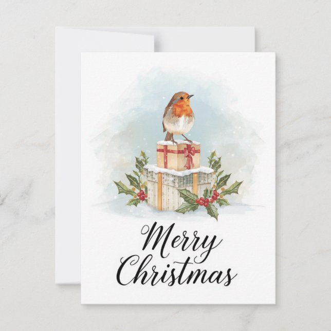 Watercolor Robin Gifts Holly Merry Christmas Holiday Card (Front)