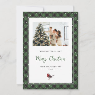 Watercolor Robin Green Plaid Snow Photo Christmas Holiday Card
