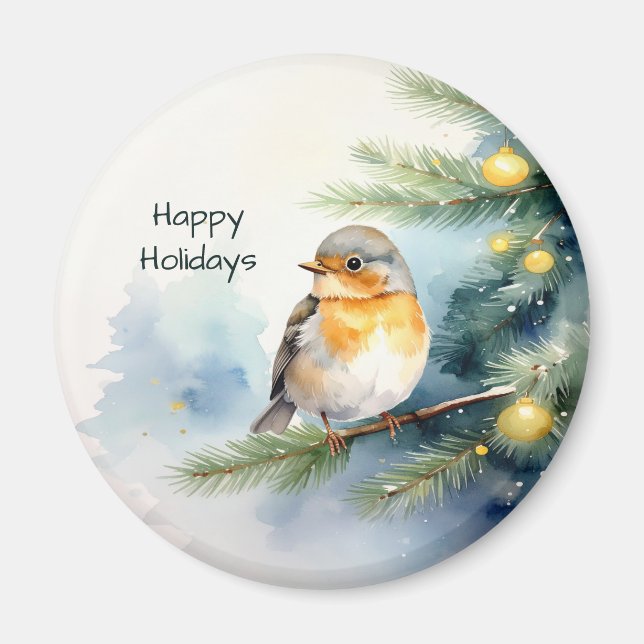 Watercolor Robin on a Pine Branch Magnet (Front)