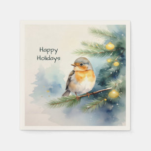 Watercolor Robin on a Pine Branch Napkin