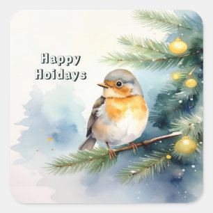 Watercolor Robin on a Pine Branch Sticker