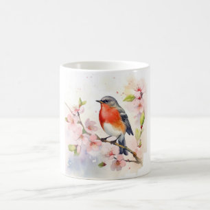 Watercolor Robin on Spring Cherry Blossom Branch Coffee Mug