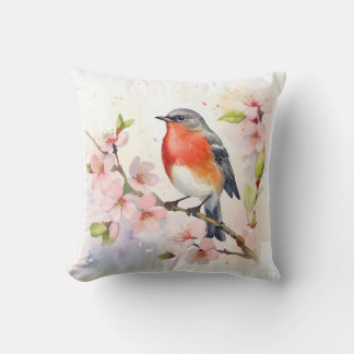 Watercolor Robin on Spring Cherry Blossom Branch Cushion