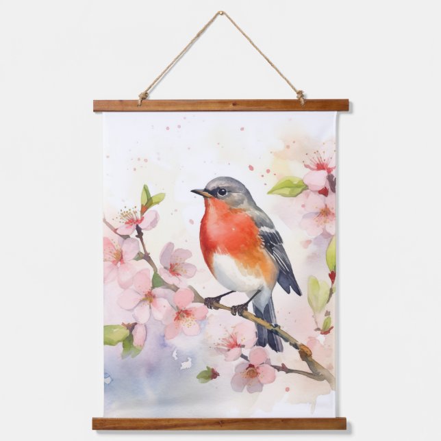 Watercolor Robin on Spring Cherry Blossom Branch Hanging Tapestry (Front)