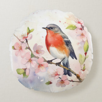 Watercolor Robin on Spring Cherry Blossom Branch Round Cushion