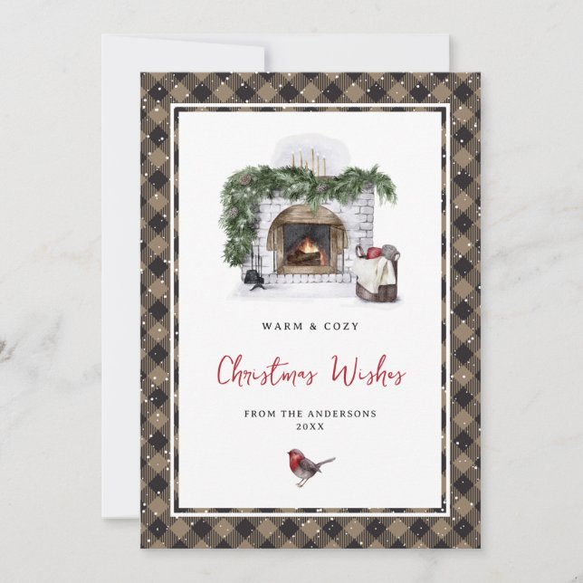 Watercolor Robin Plaid Snow Christmas Wishes Holiday Card (Front)