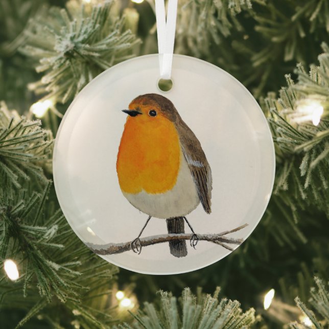 Watercolor Robin Redbreast  Glass Tree Decoration (Insitu)