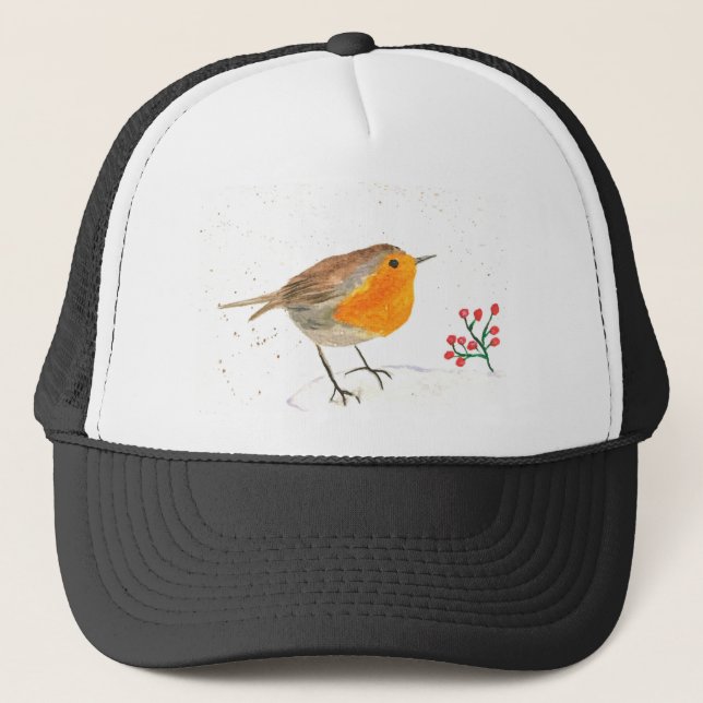 Watercolor Robin Winter Christmas bird wildlife  Trucker Hat (Front)
