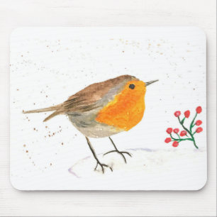 Watercolor Robin winter snow bird nature cute Mouse Mat