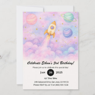 Watercolor Rocket & Dreamy Galaxy Birthday  Invitation