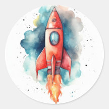Watercolor rocket flying through stars
