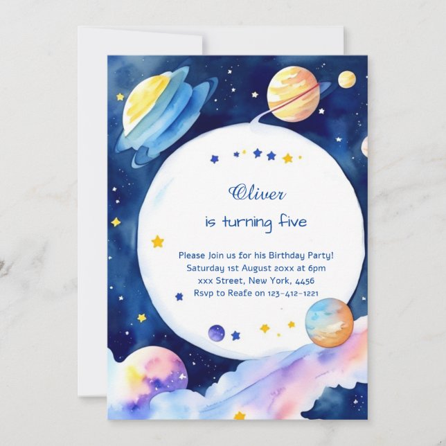 Watercolor Rocket Galactic Birthday Invitation (Front)