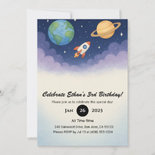 Watercolor Rocket in Dreamy Outer Space Birthday  Invitation