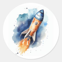 Watercolor Rocketship flying through stars