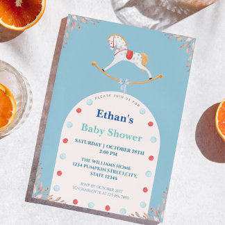 Watercolor Rocking Horse Blue Baby Shower Invitation