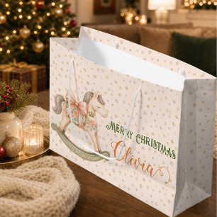 Watercolor Rocking Horse Christmas Large Gift Bag