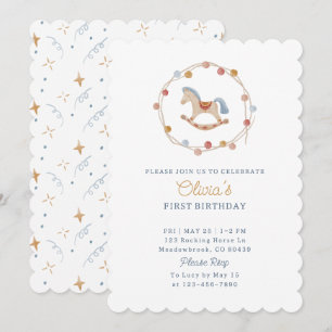 Watercolor, rocking horse, pom-poms,  birdthday  invitation