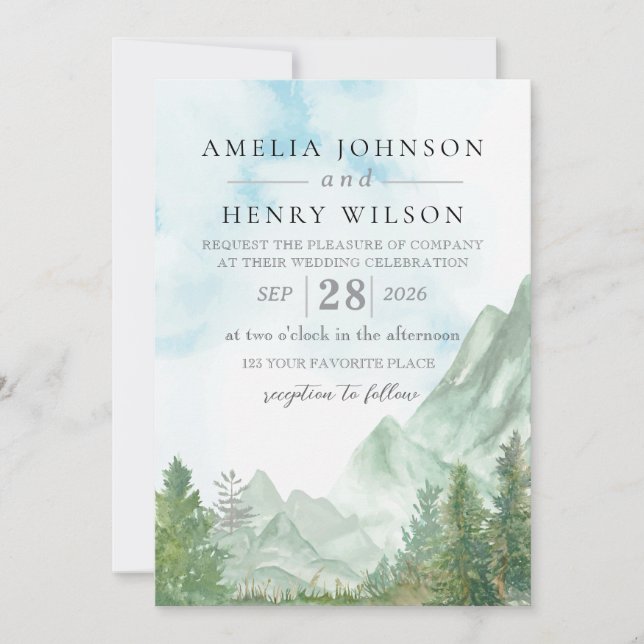 Watercolor Rocky Mountain Wedding Invitation (Front)