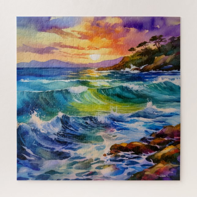 Watercolor Rocky Shoreline sunrise puzzle (Vertical)