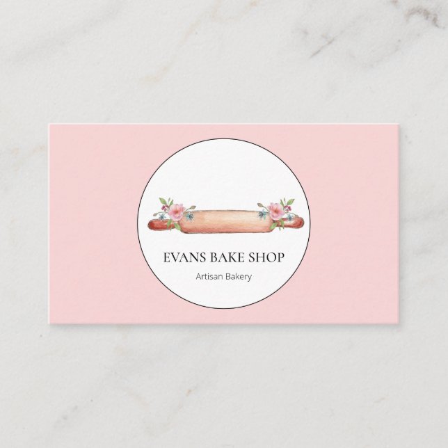 Watercolor Rolling Pin bakery pink business card (Front)