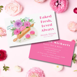 Watercolor Rolling Pin Roses Pastry Chef Baker Business Card