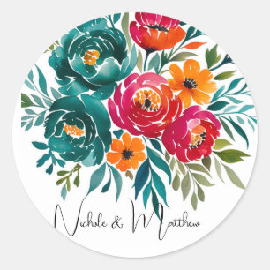 Watercolor Romance: A Colorful Blooms Wedding Classic Round Sticker