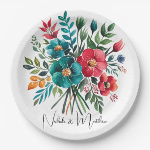 Watercolor Romance: A Colorful Blooms Wedding Paper Plate