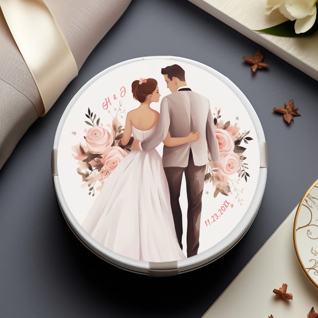 Watercolor Romantic Couple Wedding Classic Round Sticker (Watercolor Romantic Couple Wedding Classic Round Sticker)