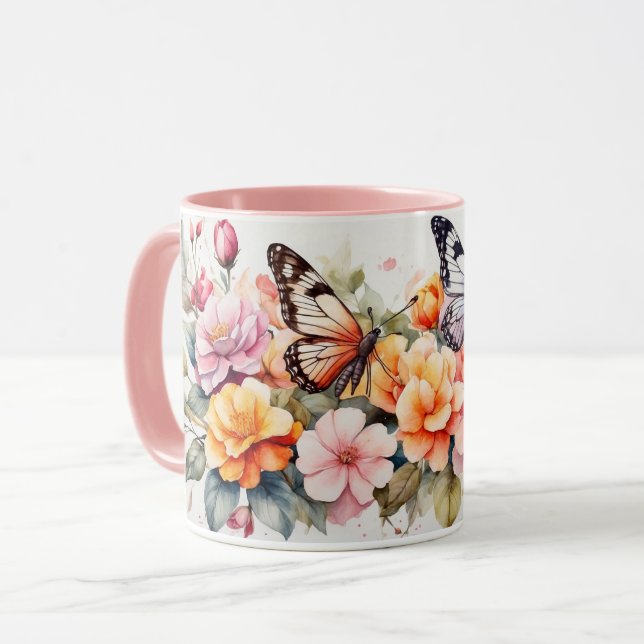 Watercolor Romantic Elegant Butterfly Flowers Mug (Front Left)