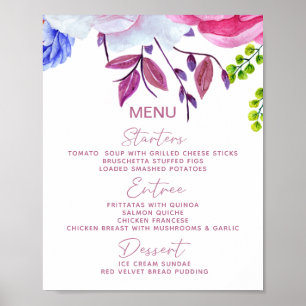 Watercolor Romantic Floral Wedding Menu Table Sign