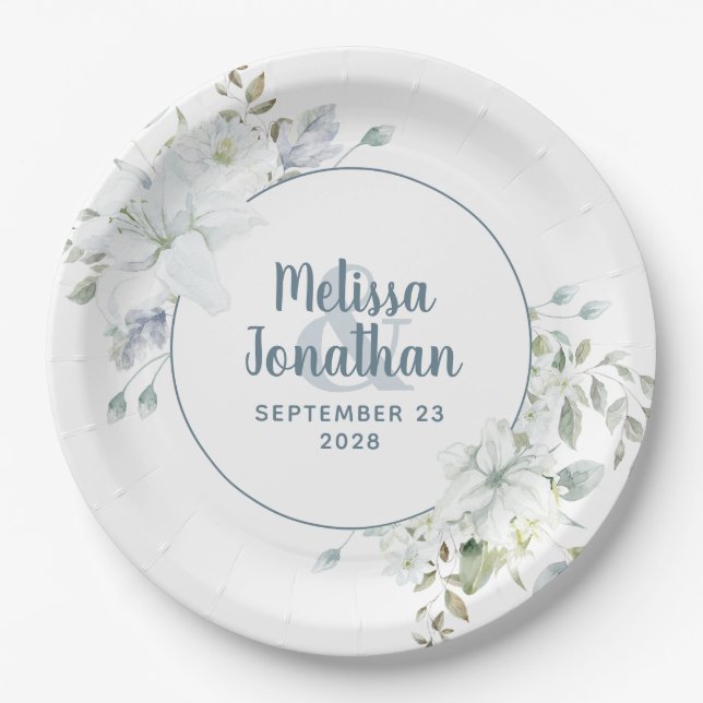 Watercolor romantic floral white flowers wedding paper plate (Front)