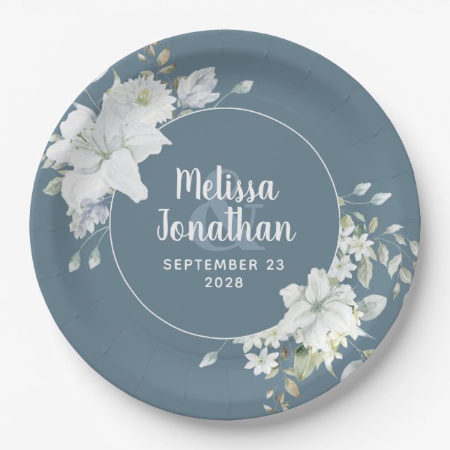 Watercolor romantic floral white flowers wedding paper plate (Front)