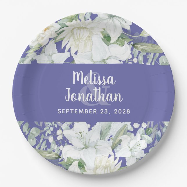 Watercolor romantic floral white flowers wedding paper plate (Front)