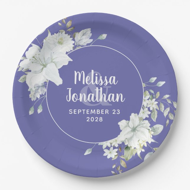 Watercolor romantic floral white flowers wedding paper plate (Front)