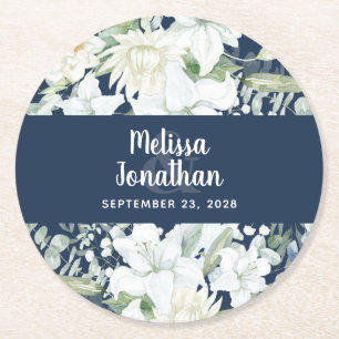 Watercolor romantic floral white flowers wedding  round paper coaster