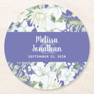 Watercolor romantic floral white flowers wedding round paper coaster