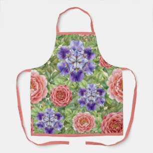 Watercolor Romantic Garden Rose Iris Peony Apron