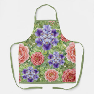 Watercolor Romantic Garden Rose Iris Peony Apron