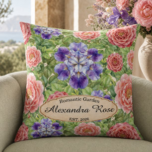 Watercolor Romantic Garden Rose Iris Peony Cushion