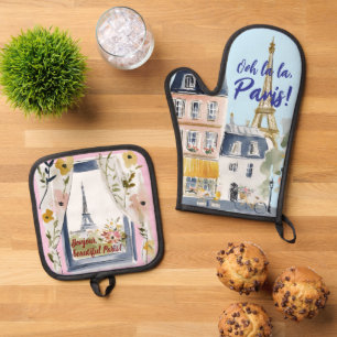 Watercolor Romantic Paris Kitchen Artistry Oven Mitt & Pot Holder Set