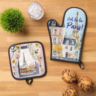 Watercolor Romantic Paris Kitchen Artistry Oven Mitt & Pot Holder Set